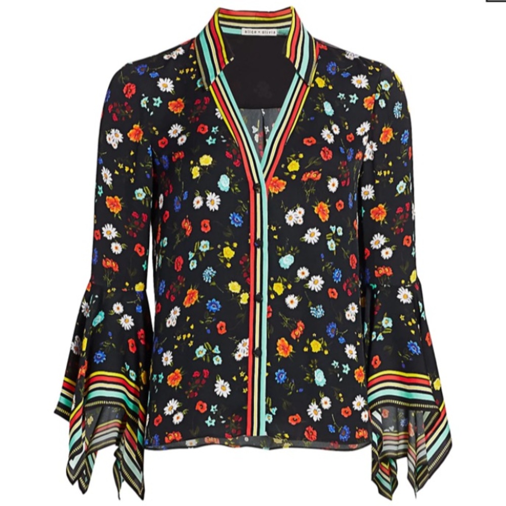 Alice & Olivia Randa Floral & Stripe Trumpet Sleeve Blouse In Black. Size M